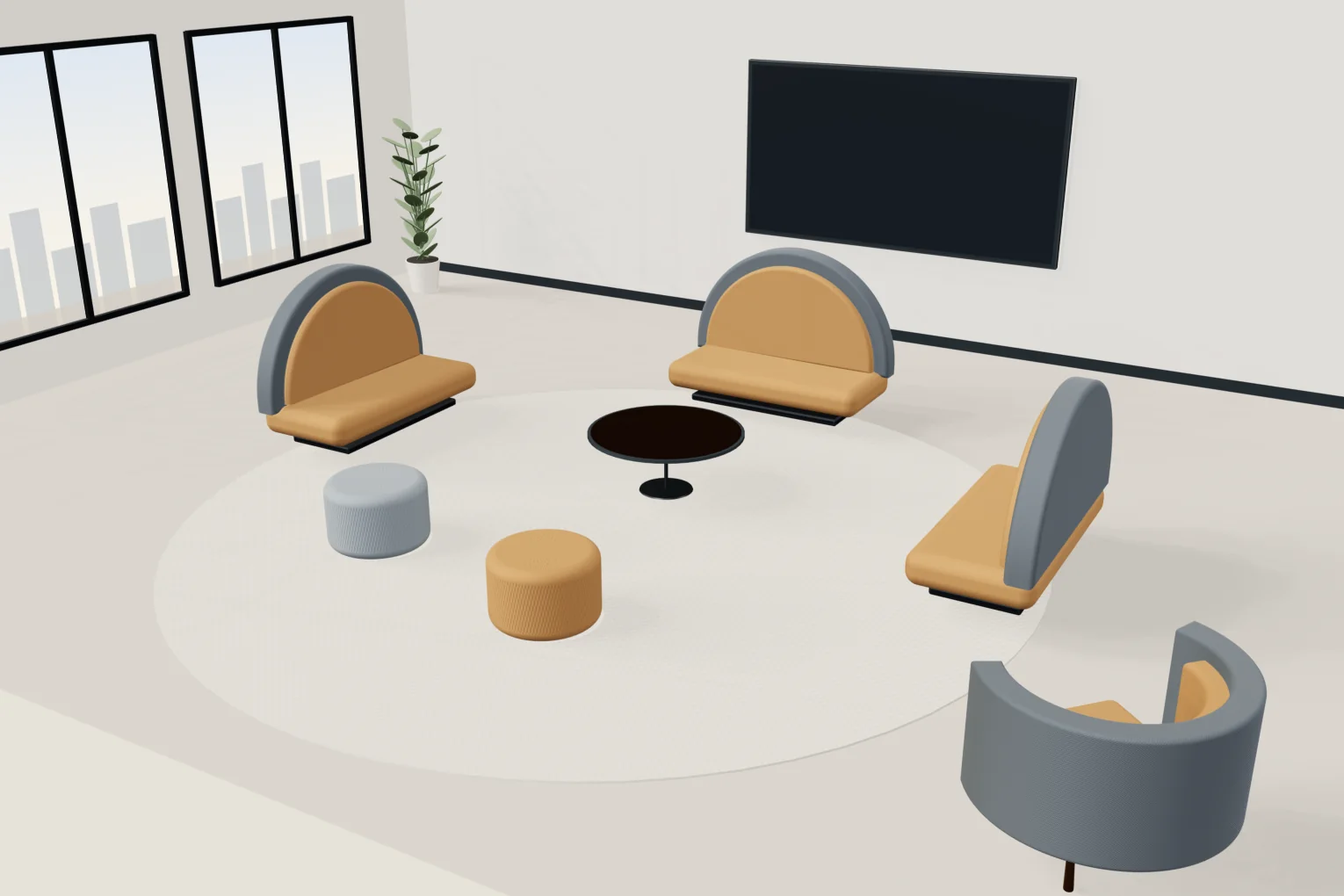 Renderização conceitual de uma área colaborativa com módulos Arco ao redor de uma mesa baixa, pufes, poltrona Concha e tapete redondo.