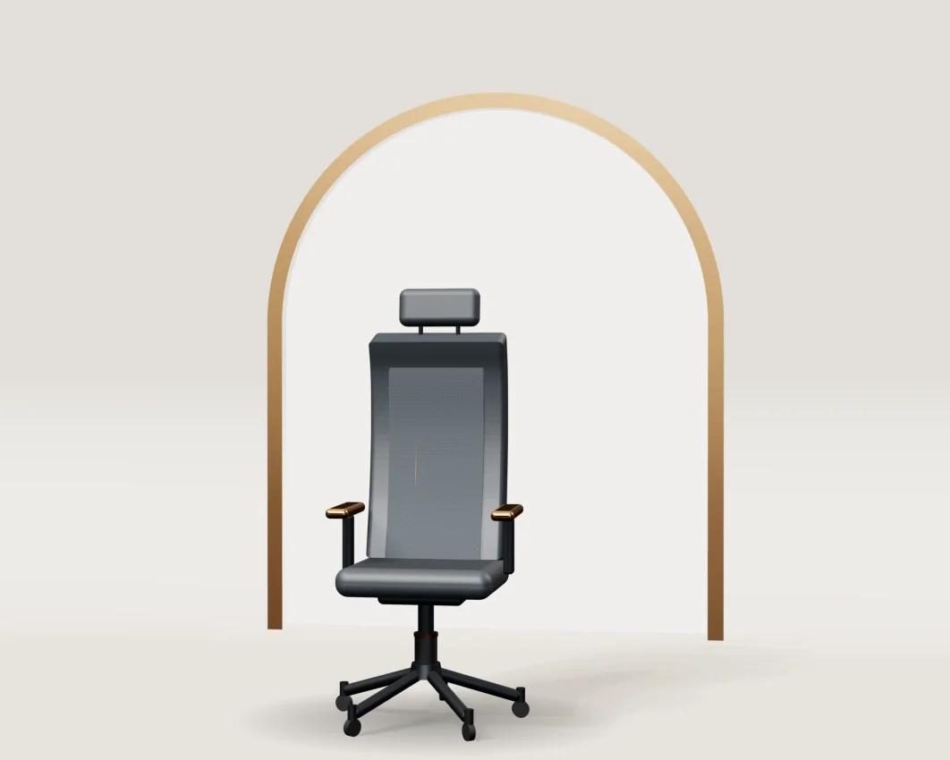 Renderização conceitual de uma cadeira executiva grafite com apoios de braço em bronze, diante de um arco bronze.