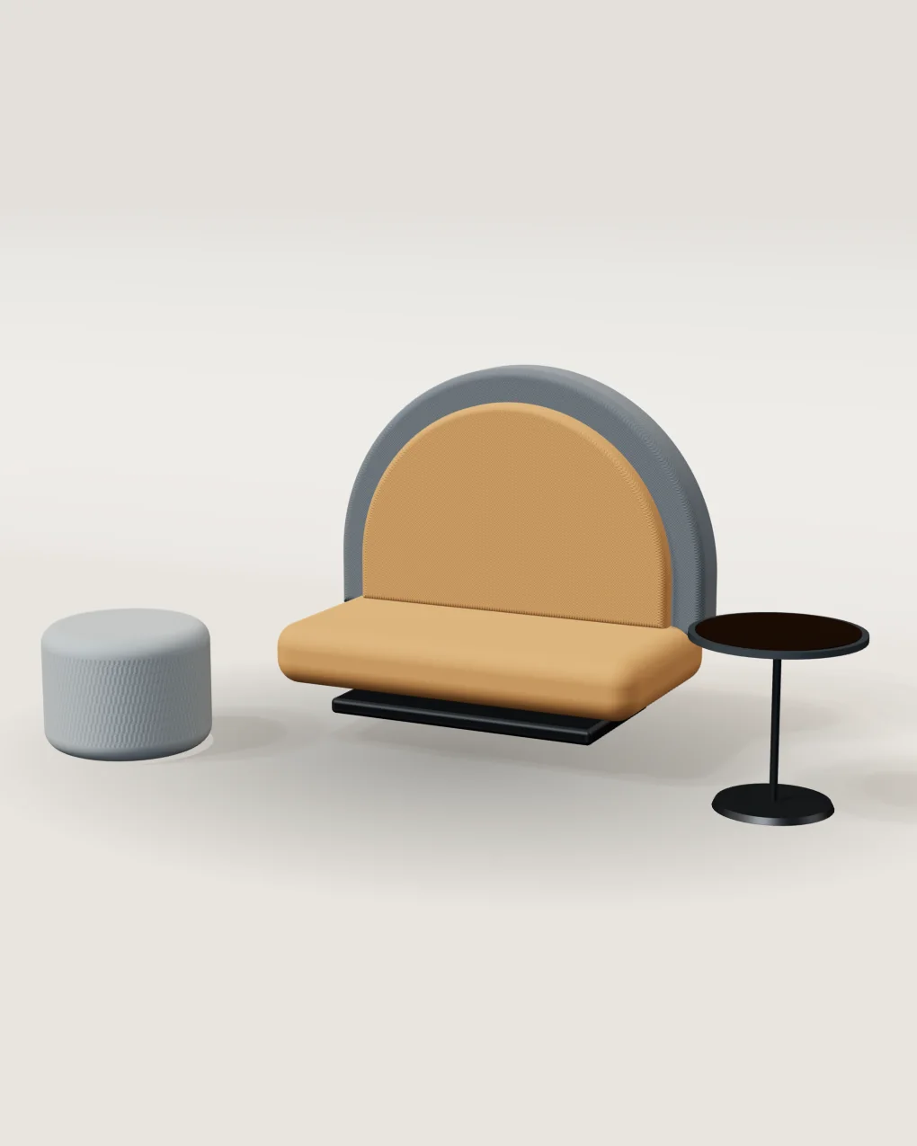 Renderização conceitual do módulo colaborativo Arco: assento bronze com encosto em arco, pufe cinza e mesa lateral redonda.